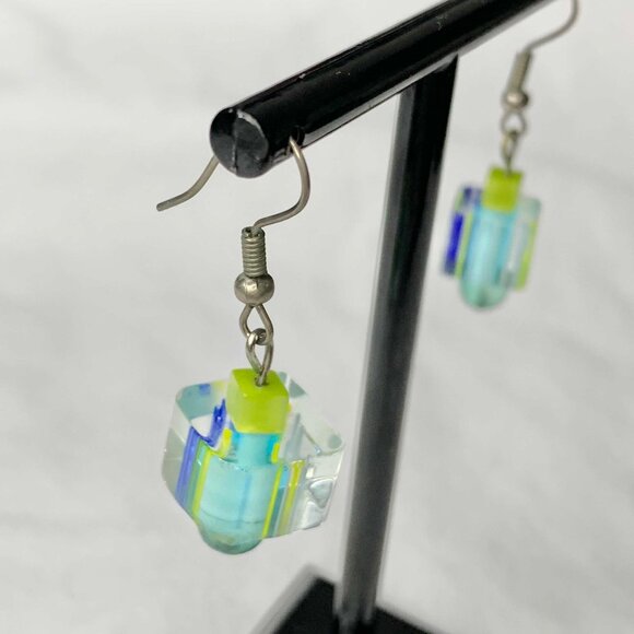 Handmade Art Glass Dangle Earrings Fused Cube Jewelry Blue Yellow Green Abstract - Picture 5 of 5